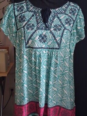 Rachel Zoe Teal and Pink Embroidered Short-Sleeve Tunic